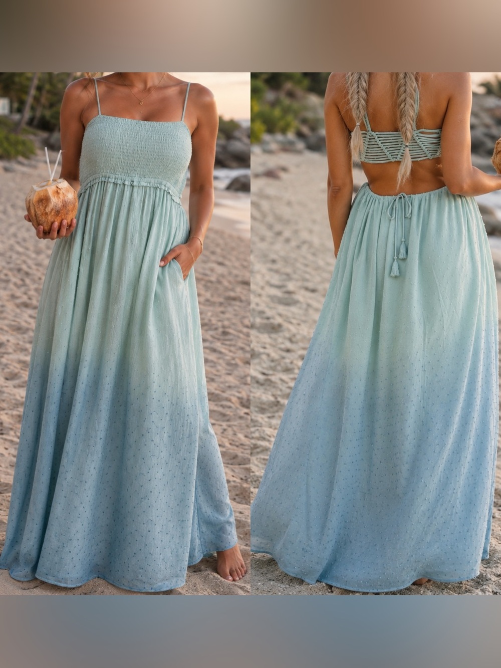 . Beachy Keen Ombre Gradient Green & Blue Swiss Dot Smocked Tassel Maxi
